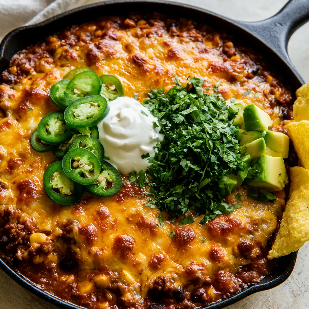 Close up view of Mexican crema dollop and avocado cubes on top of a skillet meal.