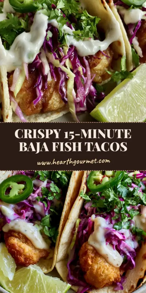 Three Baja Fish Tacos with crispy beer-battered fish, purple cabbage slaw, and lime crema on a ceramic plate. (Baja Fish Tacos)