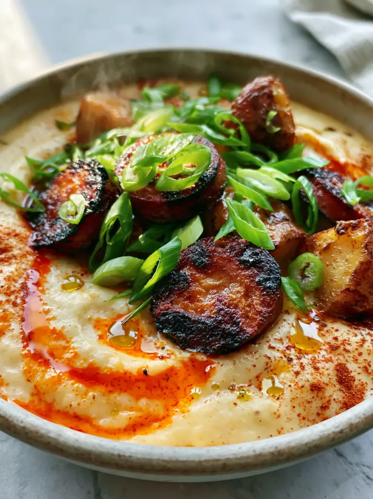 A bowl of cajun potato soup showing steam rising and fine-shredded cheddar melting on the surface.