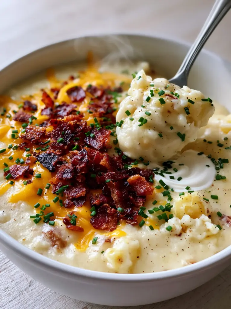 Outback Potato Soup Recipe: The Ultimate Ultra-Thick Comfort Bowl 1 Overhead view of potato soup garnished with a mountain of sharp yellow cheddar and charred bacon bits.