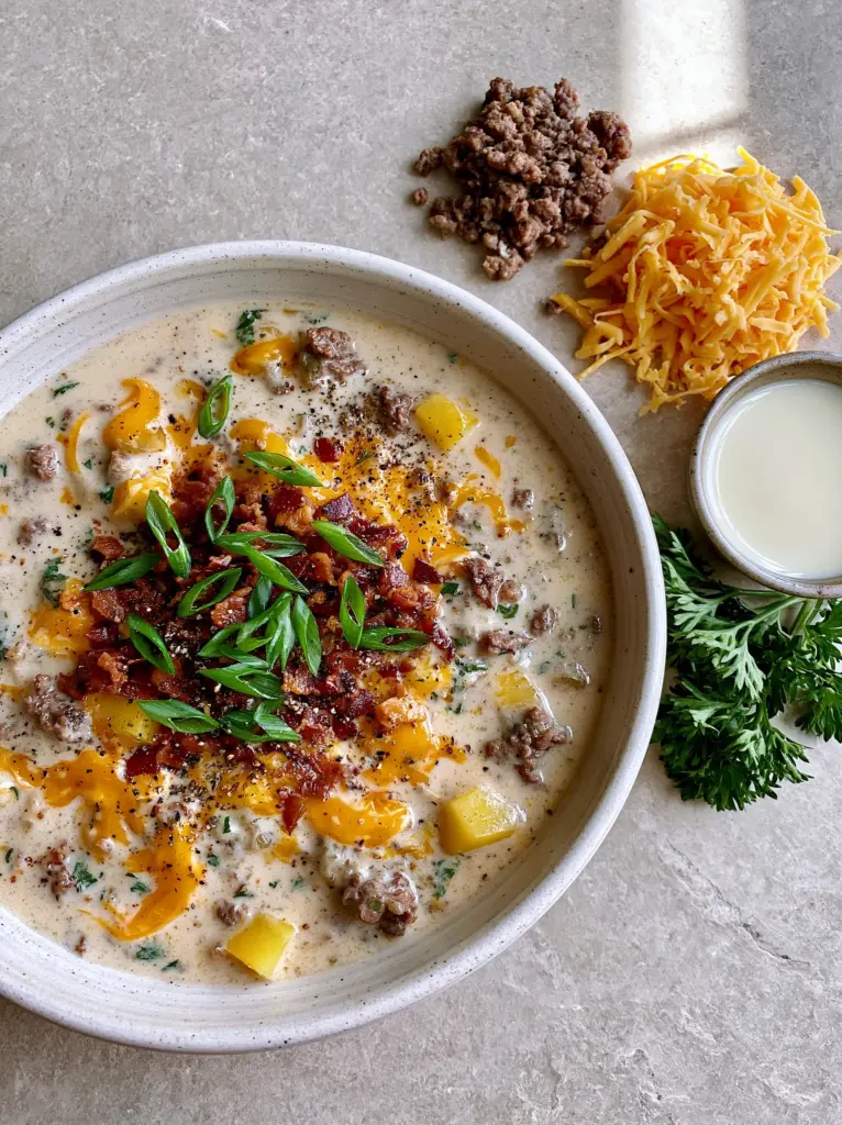 High-angle aesthetic photo of cheeseburger soup ingredients including shredded cheddar, heavy cream, and browned beef crumbles.