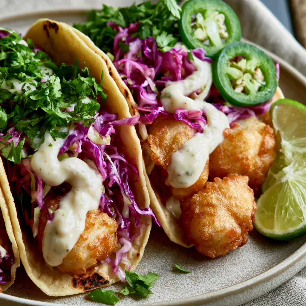 Macro shot of extra-crispy golden-brown beer batter on Baja Fish Tacos. (Baja Fish Tacos)