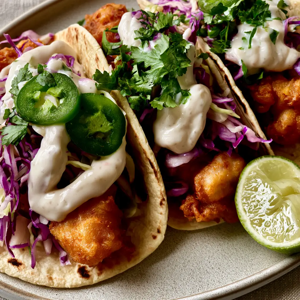 Close-up of charred corn tortillas and glossy purple cabbage slaw in Baja Fish Tacos. (Baja Fish Tacos)