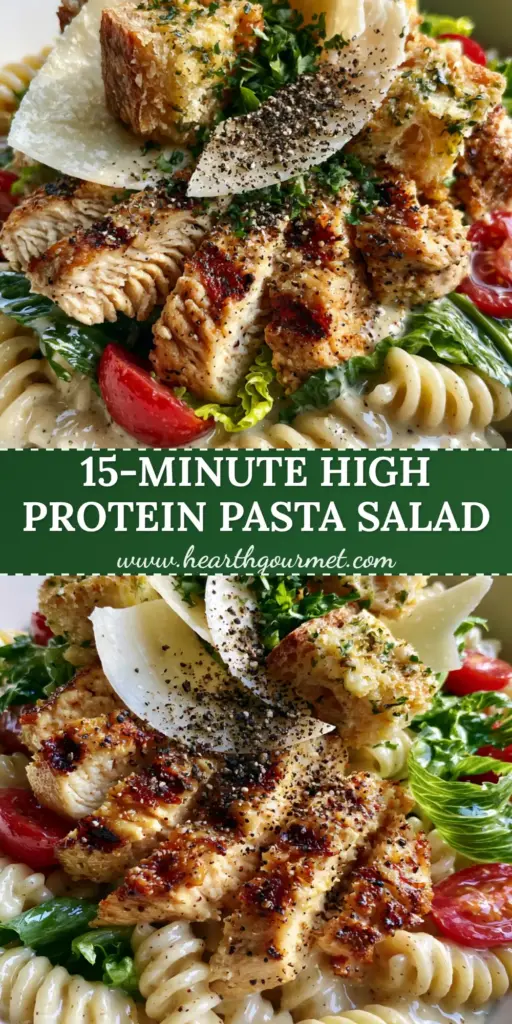 A gourmet chicken caesar pasta salad in a white bowl featuring seared chicken slices, rotini pasta, and sourdough croutons. (chicken caesar pasta salad)