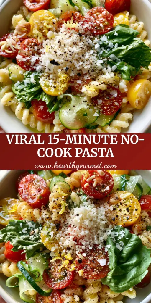 A handheld white bowl of summer garden pasta with gemelli, raw cherry tomatoes, and zucchini ribbons held over a wooden table. (summer garden pasta)