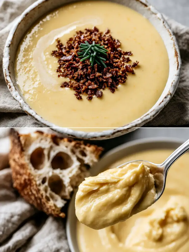 Canadian Cheese Soup: The Ultimate Velvety Cheddar and Craft Beer Experience 2 Split screen showing a full bowl of Canadian Cheese Soup and a macro shot of a spoon lifting thick, velvety soup.