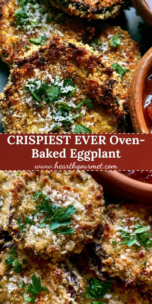 A close up of crispy Oven-Baked Italian Eggplant rounds with golden panko crust, snowy parmesan, and parsley next to a bowl of marinara.