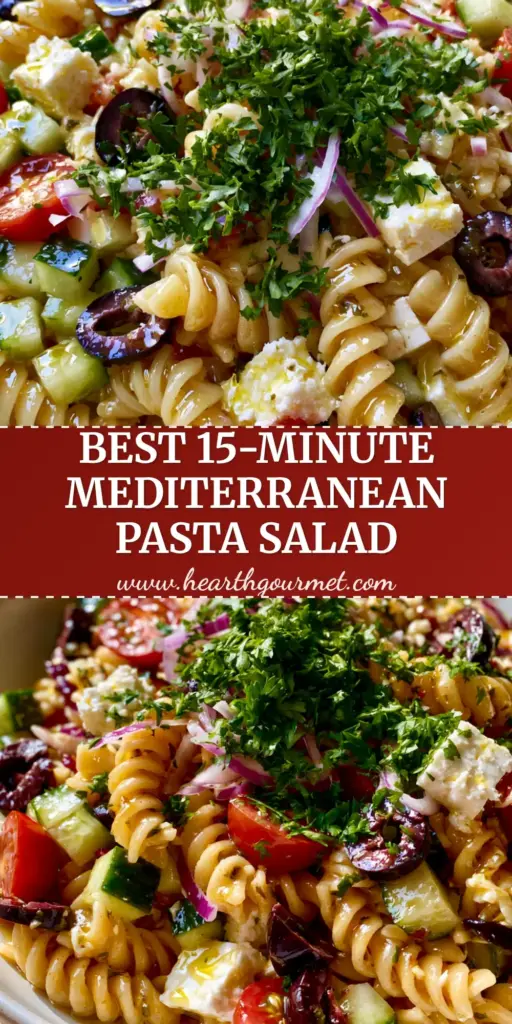 A top-down view of a Mediterranean pasta salad featuring rotini, cherry tomatoes, and cubed feta in a white bowl. (Mediterranean pasta salad)