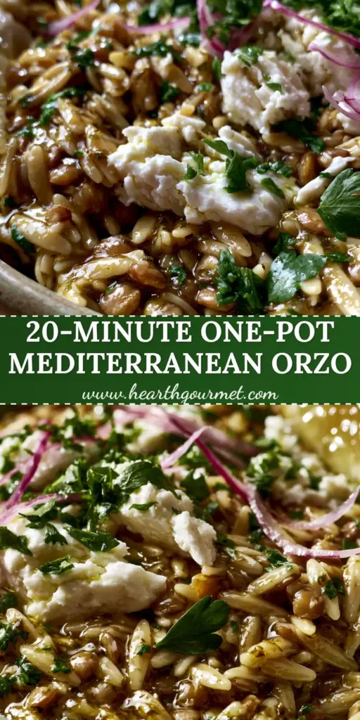 A close-up of a ceramic bowl containing mediterranean lentil and orzo with feta crumbles and parsley. (mediterranean lentil and orzo)