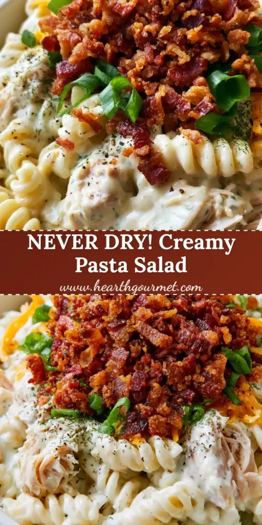 A close-up top-down view of a white ceramic bowl filled with glossy chicken bacon ranch pasta salad, topped with crispy applewood bacon and green onions.