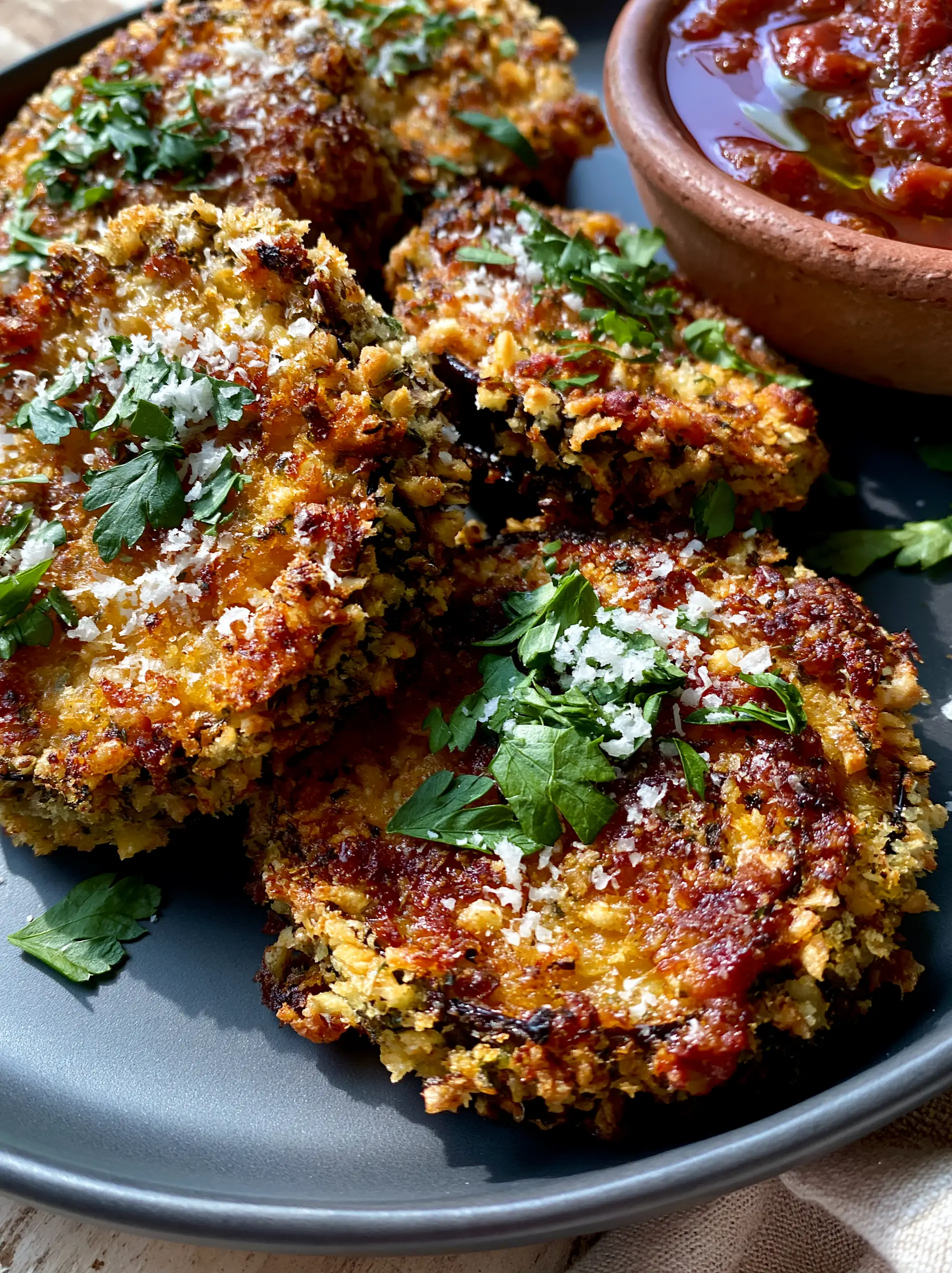 Macro top-down view of Oven-Baked Italian Eggplant slices showing golden-brown panko ridges and snowy parmesan flakes.