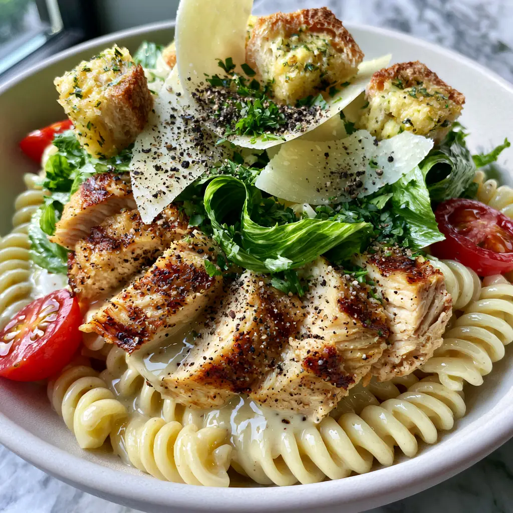 Overhead photo of chicken caesar pasta salad showcasing crisp romaine ribbons and herb-crusted sourdough croutons.