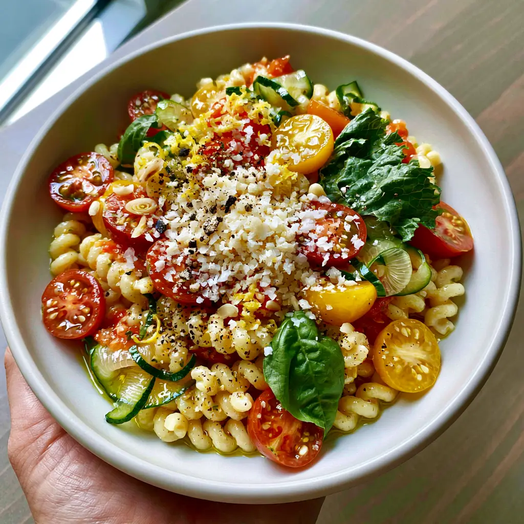 A handheld smartphone photo of a modern white bowl filled with summer garden pasta and vibrant zucchini ribbons.