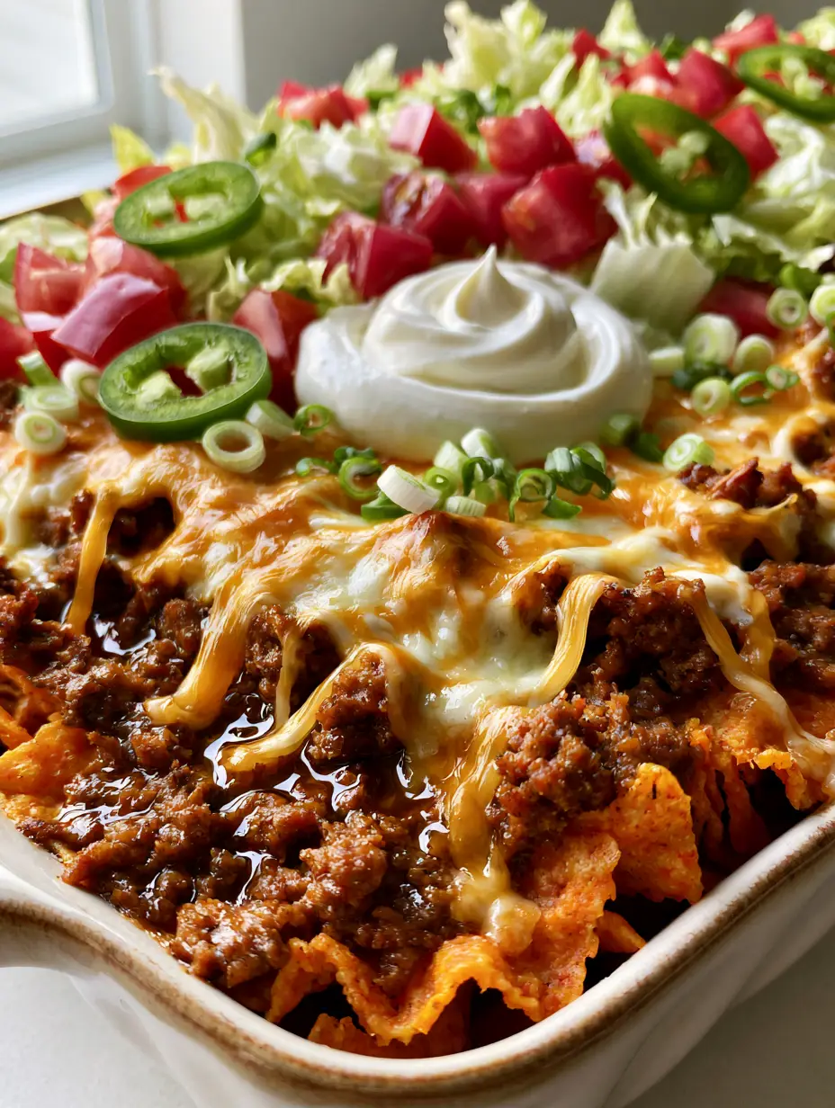 Macro close-up of a walking taco casserole showing bubbling cheddar cheese, jalapenos, and sour cream.