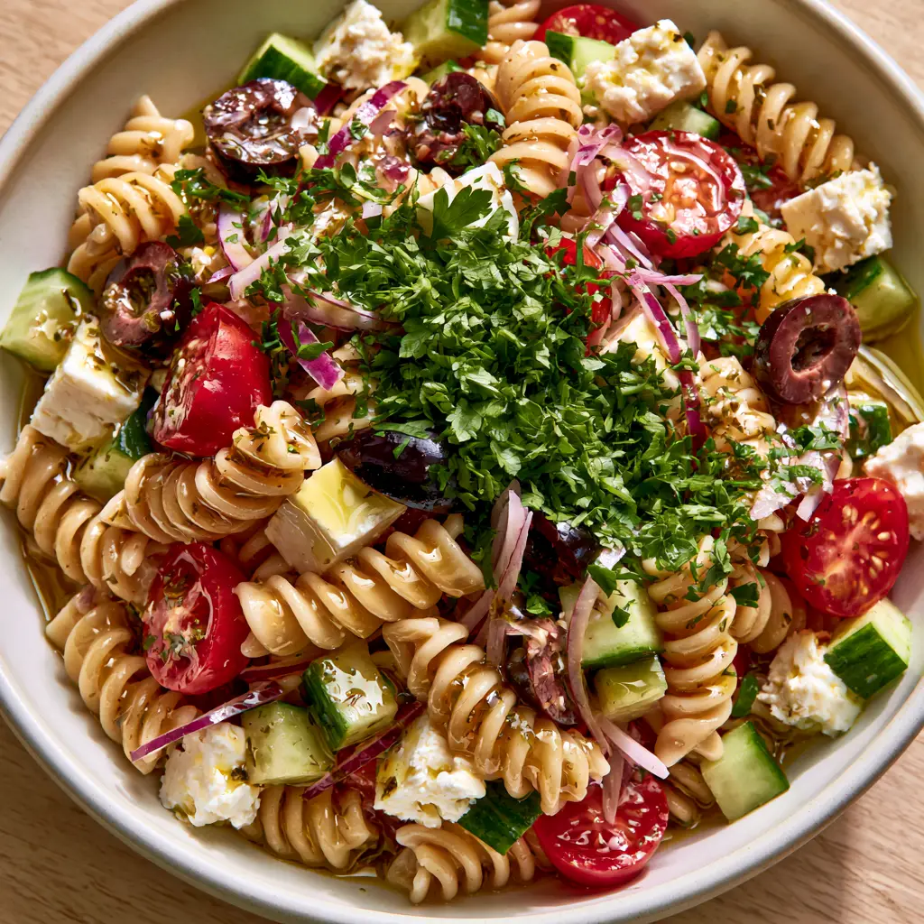 High angle close-up of creamy feta cubes and crisp diced cucumbers in a Mediterranean pasta salad.