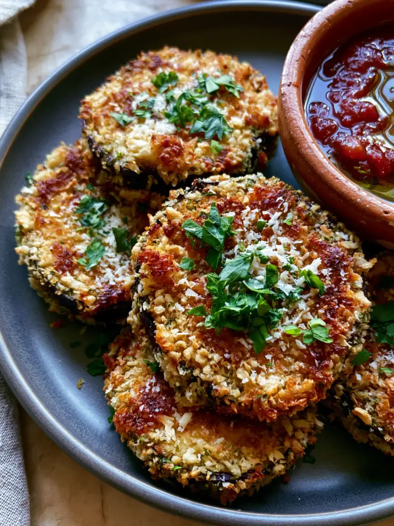 Handheld photo of Oven-Baked Italian Eggplant slices on a charcoal plate with a terracotta bowl of marinara sauce.