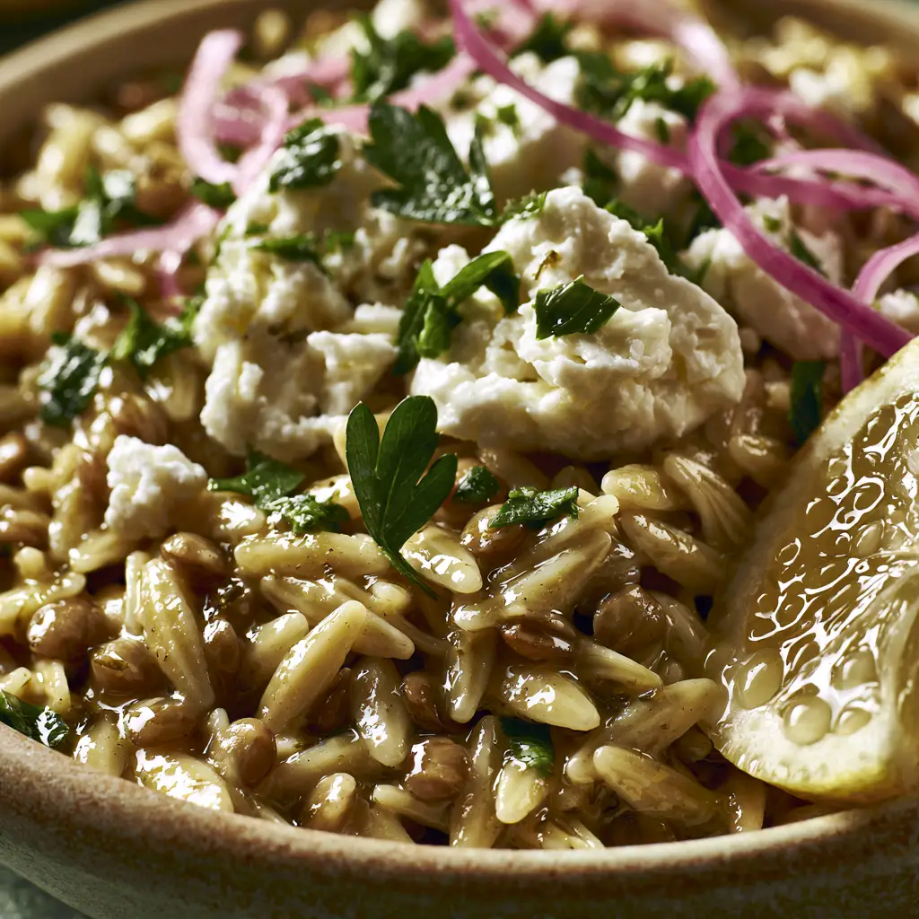 Top-down view of mediterranean lentil and orzo with thin red onion slivers and fresh parsley.
