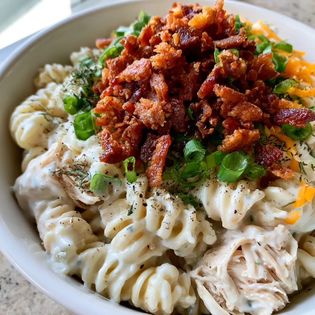 Top-down shot of a pasta salad bowl featuring crispy applewood bacon bits and bright orange cheddar cheese shreds.