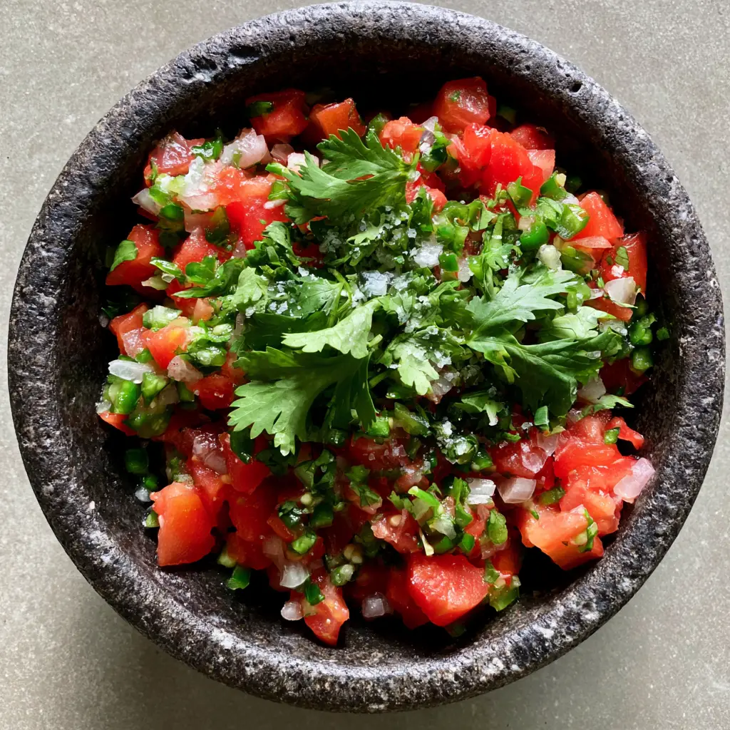 Pico de Gallo garnished with hand-torn cilantro and sea salt flakes.