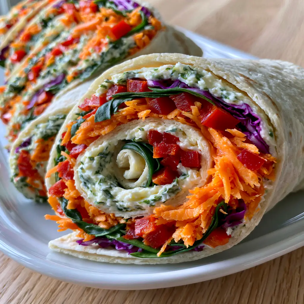 A diagonally arranged stack of Vegetable Tortilla Roll Ups on a minimalist white plate with a light wood background.