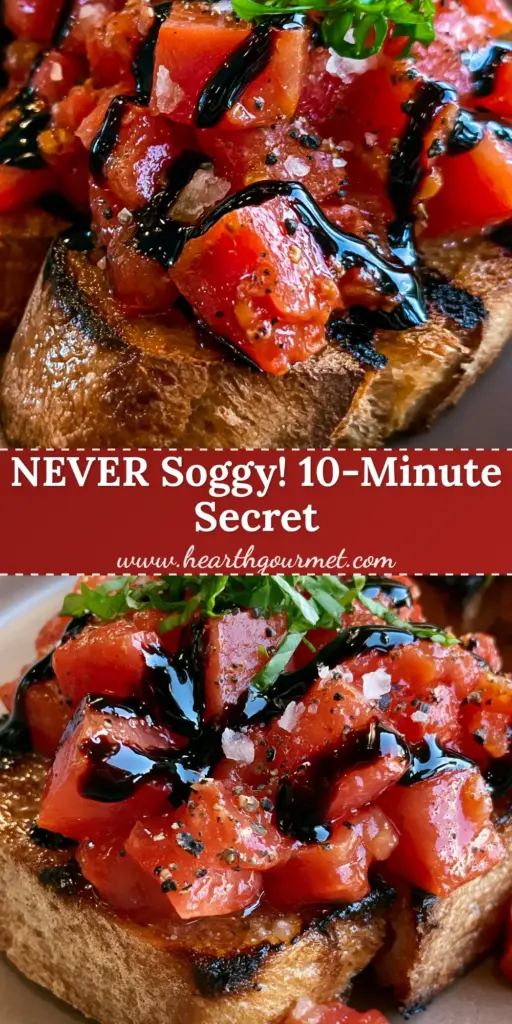 Close-up of a classic Bruschetta recipe featuring charred sourdough, vibrant diced tomatoes, and a professional balsamic glaze drizzle. (Bruschetta recipe)