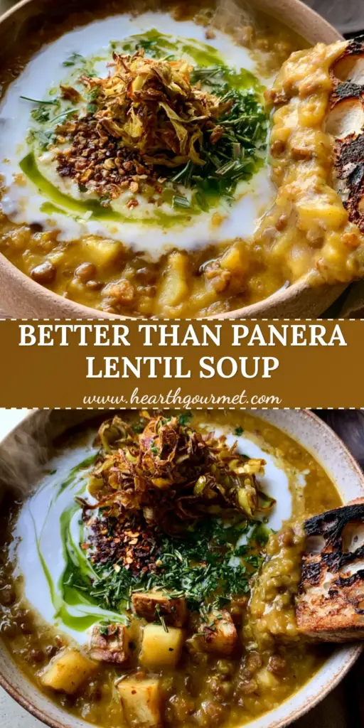 A rustic bowl of creamy Lentil Potato Soup topped with fried leeks, herb oil, and red pepper flakes with charred sourdough bread.