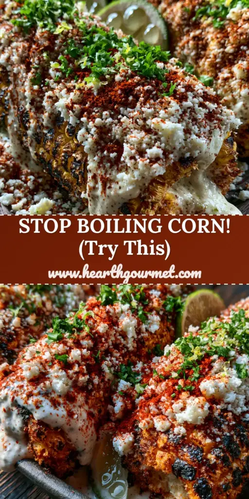 A close-up of a platter of Mexican Street Corn with charred kernels, white crema glaze, cotija cheese, and cilantro on a dark wood surface.