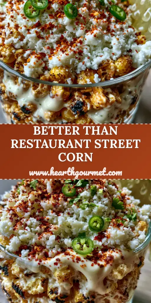 A macro photo of Mexican Street Corn Esquites in a glass cup, featuring charred corn kernels, thick white crema, and a mountain of crumbled cotija cheese topped with red Tajin and fresh cilantro.