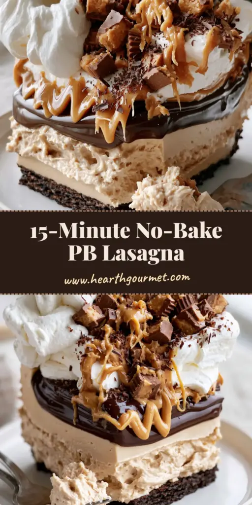 A towering slice of Peanut Butter Lasagna with visible layers of dark chocolate crust, peanut butter mousse, and chocolate pudding topped with whipped cream and drizzle.