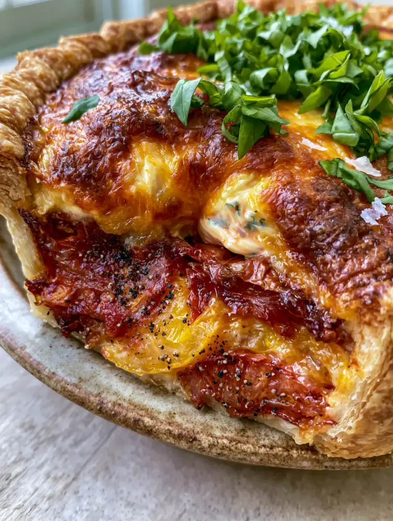 Overhead view of a bubbling, deeply browned Southern Tomato Pie top with melted cheddar and parmesan.