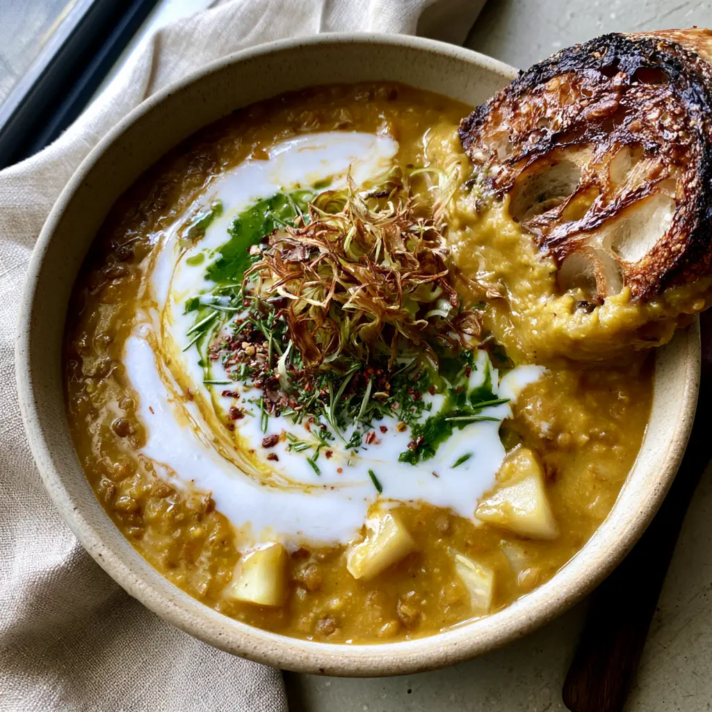 Charred sourdough bread dipped into a thick, golden lentil potato soup bowl.