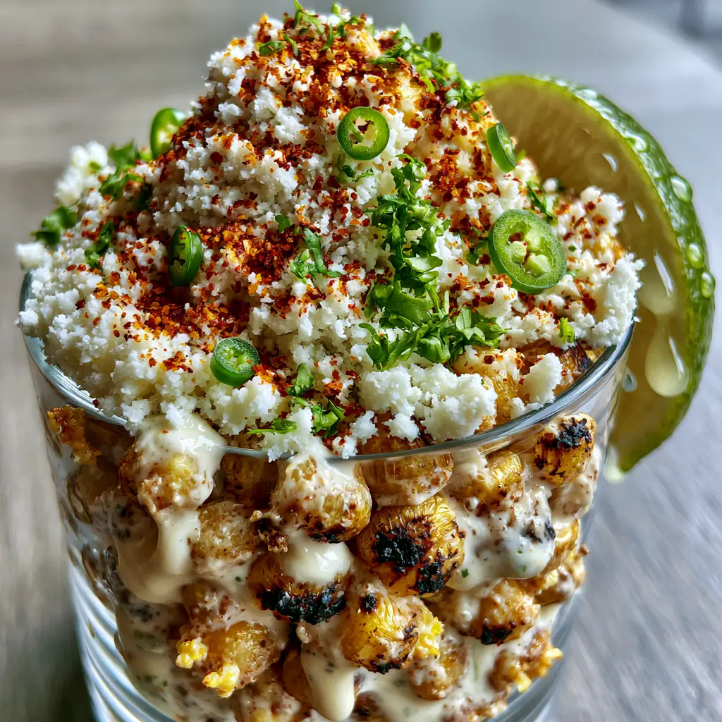 Mexican Street Corn Esquites topped with snowy cotija cheese, red Tajin seasoning, green cilantro, and jalapeno rings.