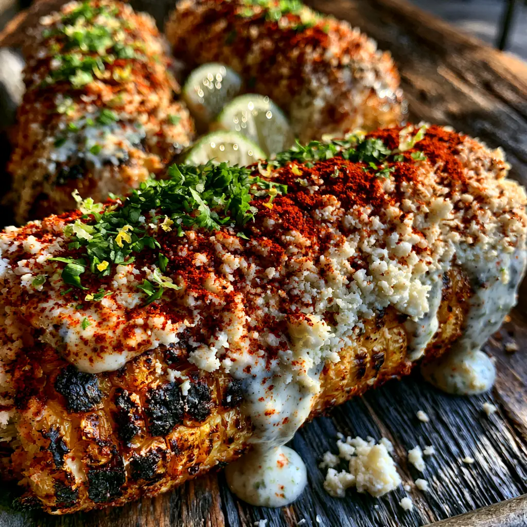Overhead view of Mexican Street Corn showing the vibrant red ancho chili powder and lime zest garnish.