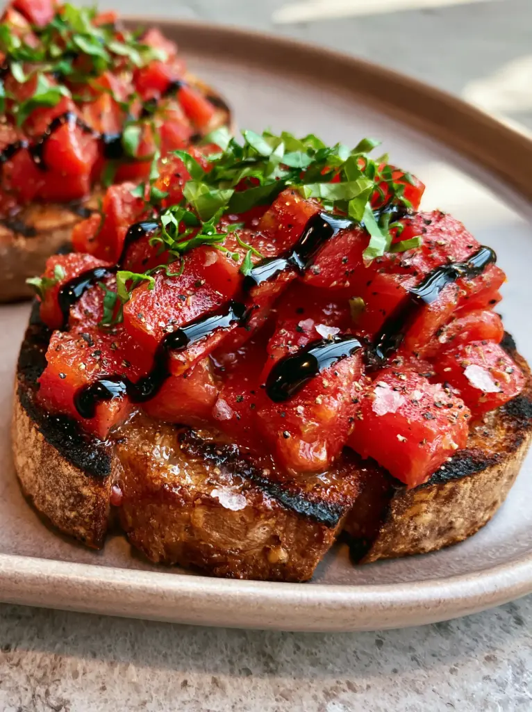 Macro shot of diced Roma tomatoes and balsamic glaze zigzag on sourdough bread. (Bruschetta recipe)