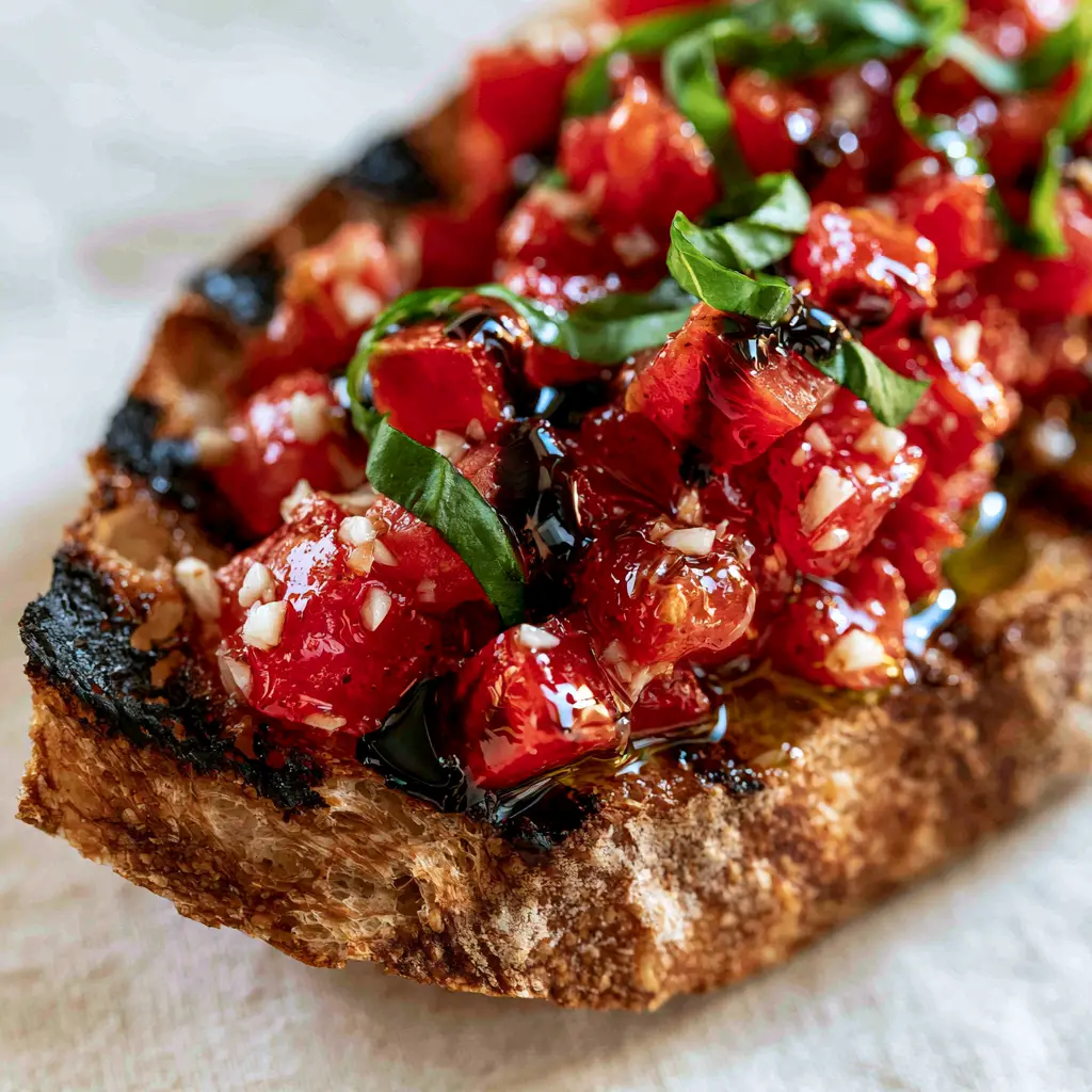 Sourdough baguette slice with thick balsamic glaze and fresh minced garlic. (Italian Bruschetta)
