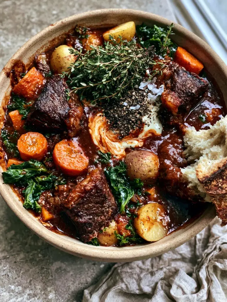 Close-up of torn sourdough bread dipping into a hearty harvest stew, a staple of fall soups and stews.