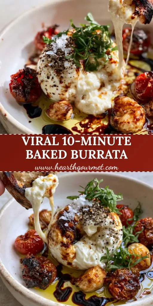 A rustic dish of Baked Burrata with melted cheese, blistered tomatoes, and a sourdough bread scoop showing a long cheese pull.