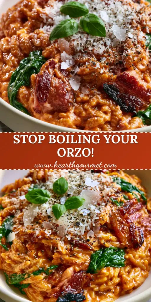 A shallow matte cream bowl filled with creamy Tomato Spinach Bacon Orzo, topped with a snowfall of parmesan, cracked pepper, and fresh basil leaves.