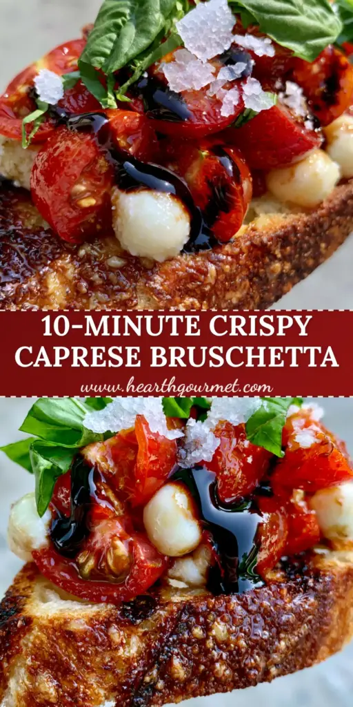 A close-up vertical shot of a Caprese bruschetta recipe featuring charred sourdough, heirloom tomatoes, mozzarella pearls, and a balsamic drizzle. (Caprese bruschetta recipe)