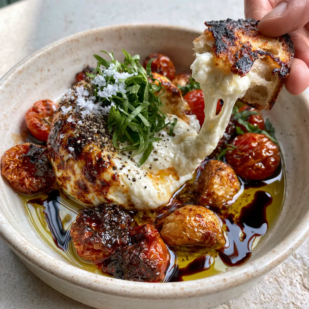 Baked Burrata surrounded by blistered cherry tomatoes, roasted garlic cloves, and shimmering olive oil in a ceramic dish.