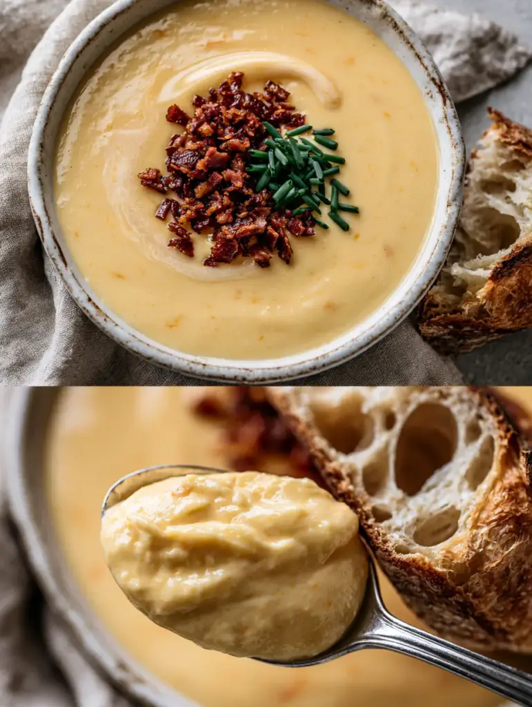 Canadian Cheese Soup: The Ultimate Velvety Cheddar and Craft Beer Experience 1 Close up of Canadian Cheese Soup with steam wisps, mahogany bacon, emerald chives, and crusty sourdough bread.