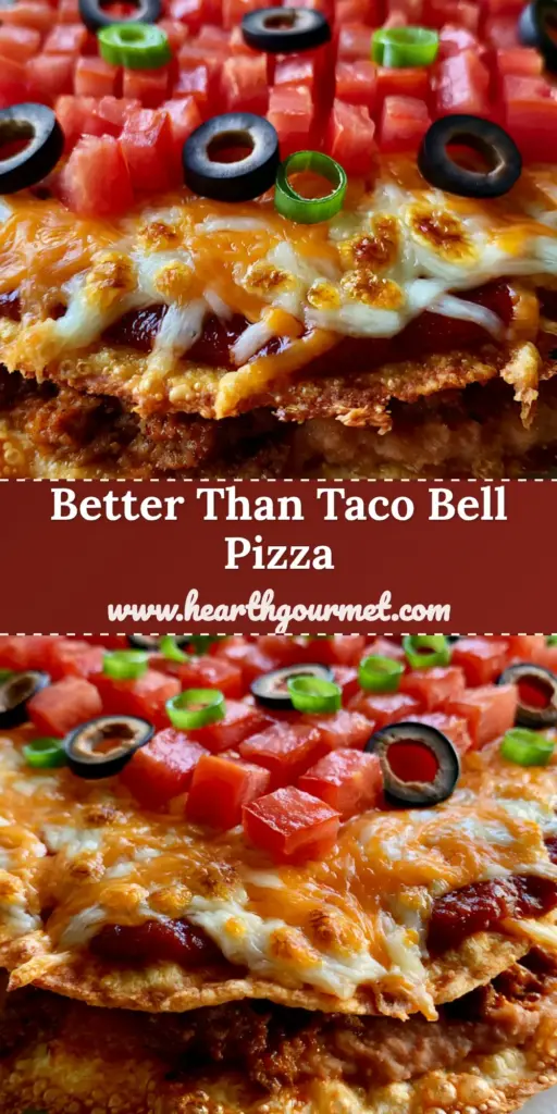 A close-up of a two-layer Taco Bell Mexican Pizza with melted cheese, diced tomatoes, and olives on a marble background. (taco bell mexican pizza)