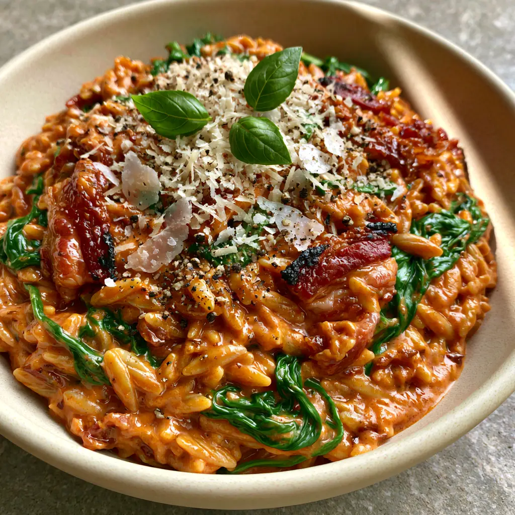 A top-down view of the Tomato Spinach Bacon Orzo being finished with microplaned parmesan and sea salt flakes.