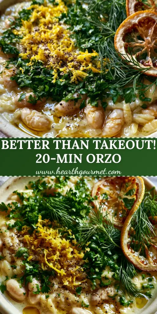 A top-down view of a bowl of Mediterranean orzo and beans featuring charred lemon wheels and fresh green herbs. (Mediterranean orzo and beans)