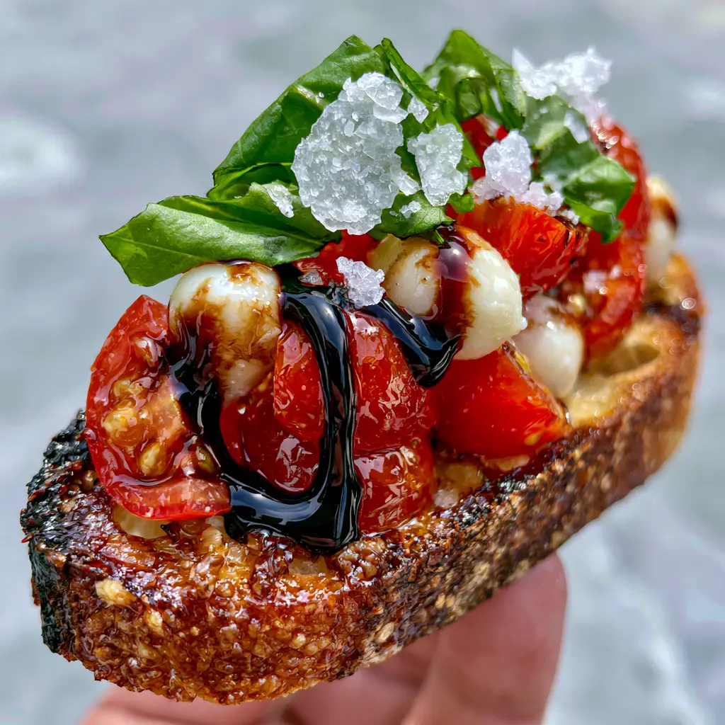 Eye-level view of assembled bruschetta on a stone countertop showing the zig-zag balsamic glaze pattern.