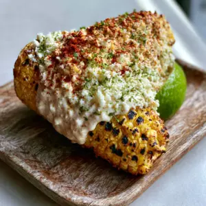 Handheld smartphone photo of a Grilled Elote cob with velvety white sauce and crimson chili powder dusting.