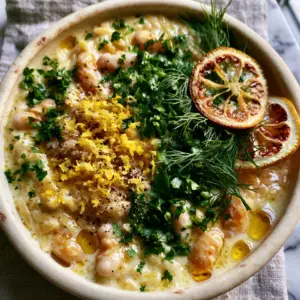 Macro photo of Lemon Herb White Bean Orzo with glistening olive oil and fresh dill. (Mediterranean orzo and beans)