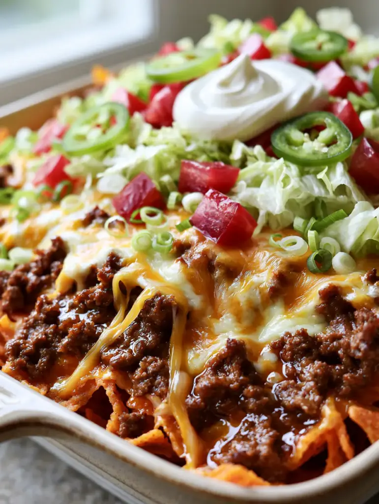 A 45-degree angle shot of the layered walking taco casserole with vibrant tomatoes and scallions.