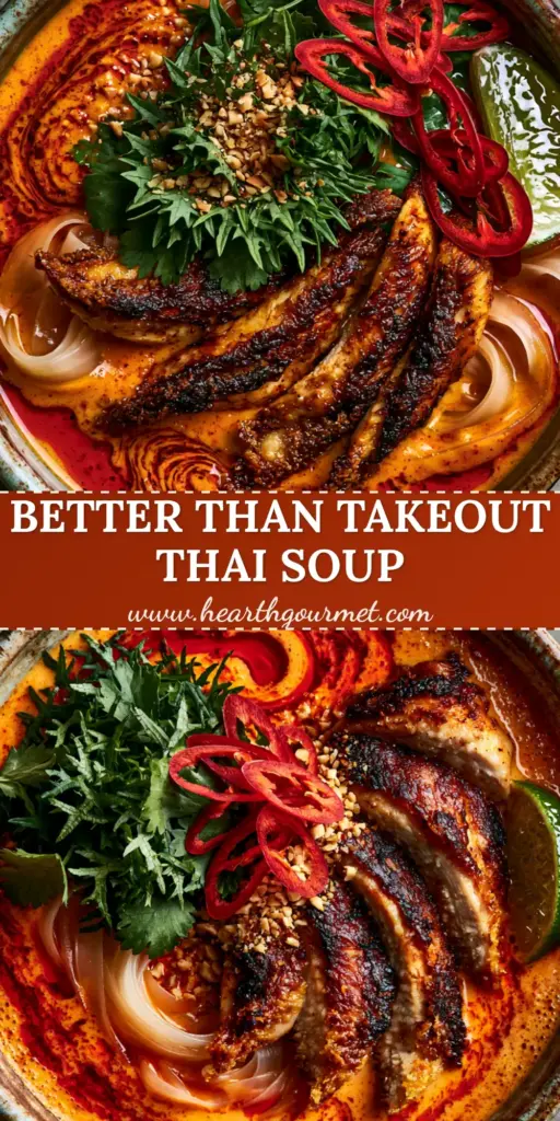 Top-down view of a rustic ceramic bowl with spicy chicken noodle soup, featuring orange coconut broth, crimson chili oil, and fresh cilantro. (spicy chicken noodle soup)