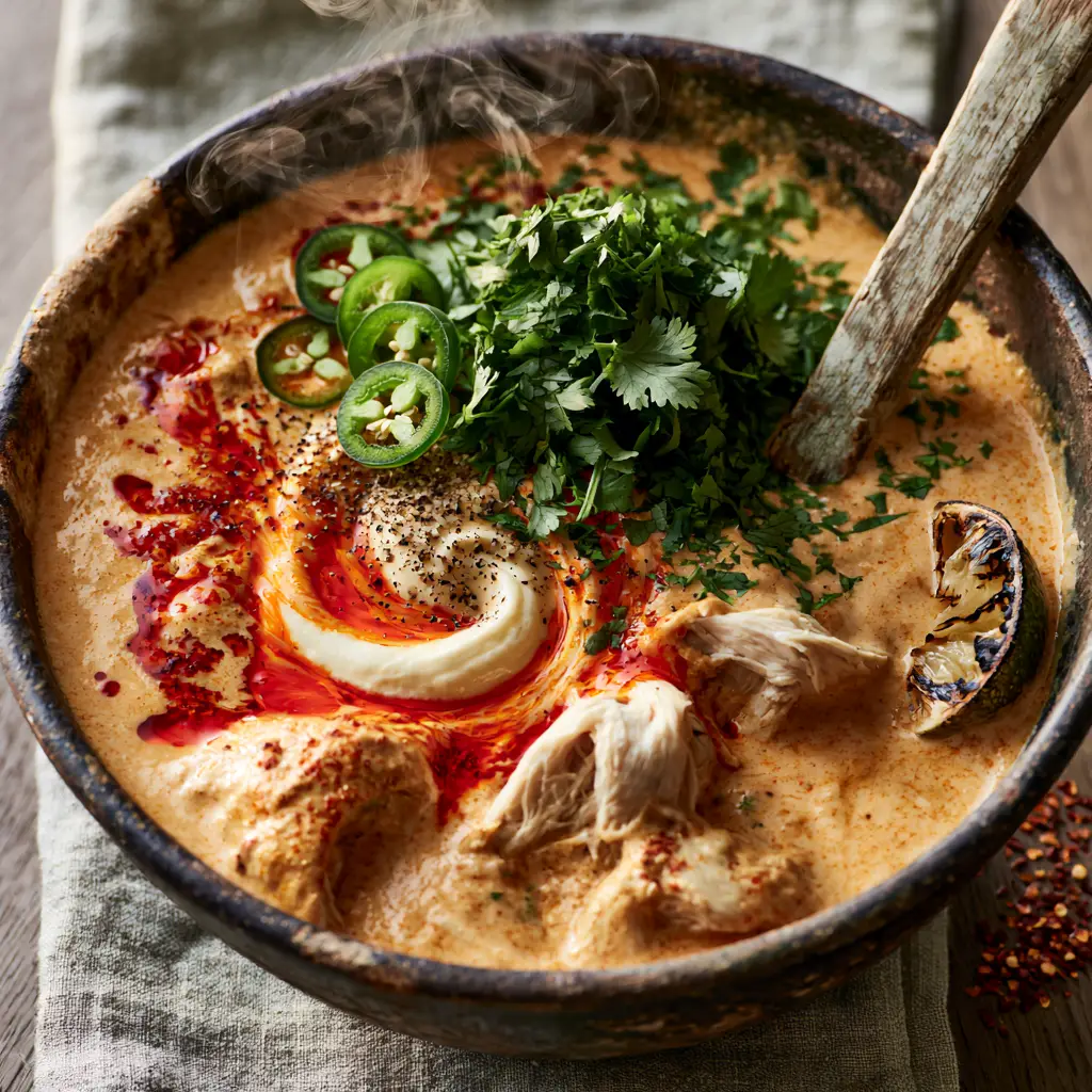 Top down view of Spicy Chicken Soup garnished with sliced jalapeños, cilantro, and cracked black pepper.